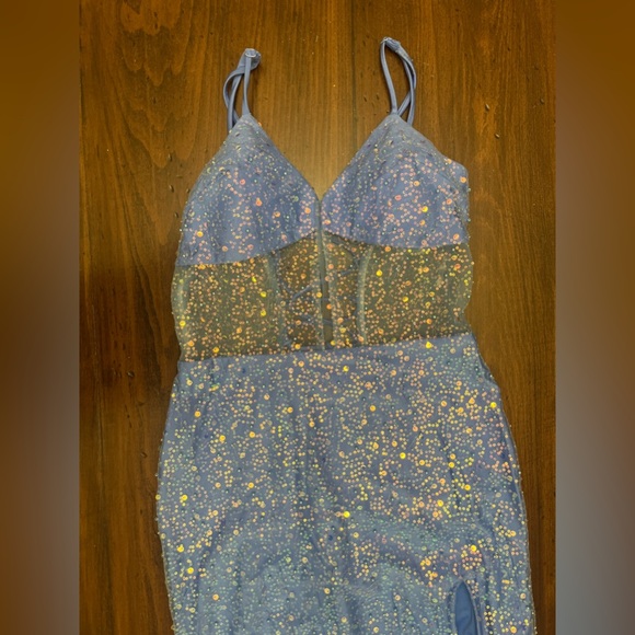 Dear Moon Juniors Periwinkle Illusion Corset Feather Skirt Gown Size 13 Sequins - Picture 4 of 16